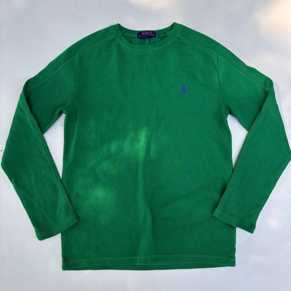 Polo Ralph Lauren Boys Large 14-16 Green Waffle Knit Thermal Long Sleeve Shirt